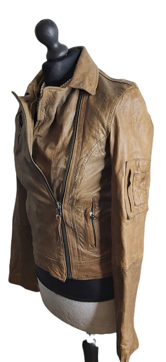 Ladies All Saints Spitafields  Tan Brown leather Biker Jacket UK 6 US 2 EU34