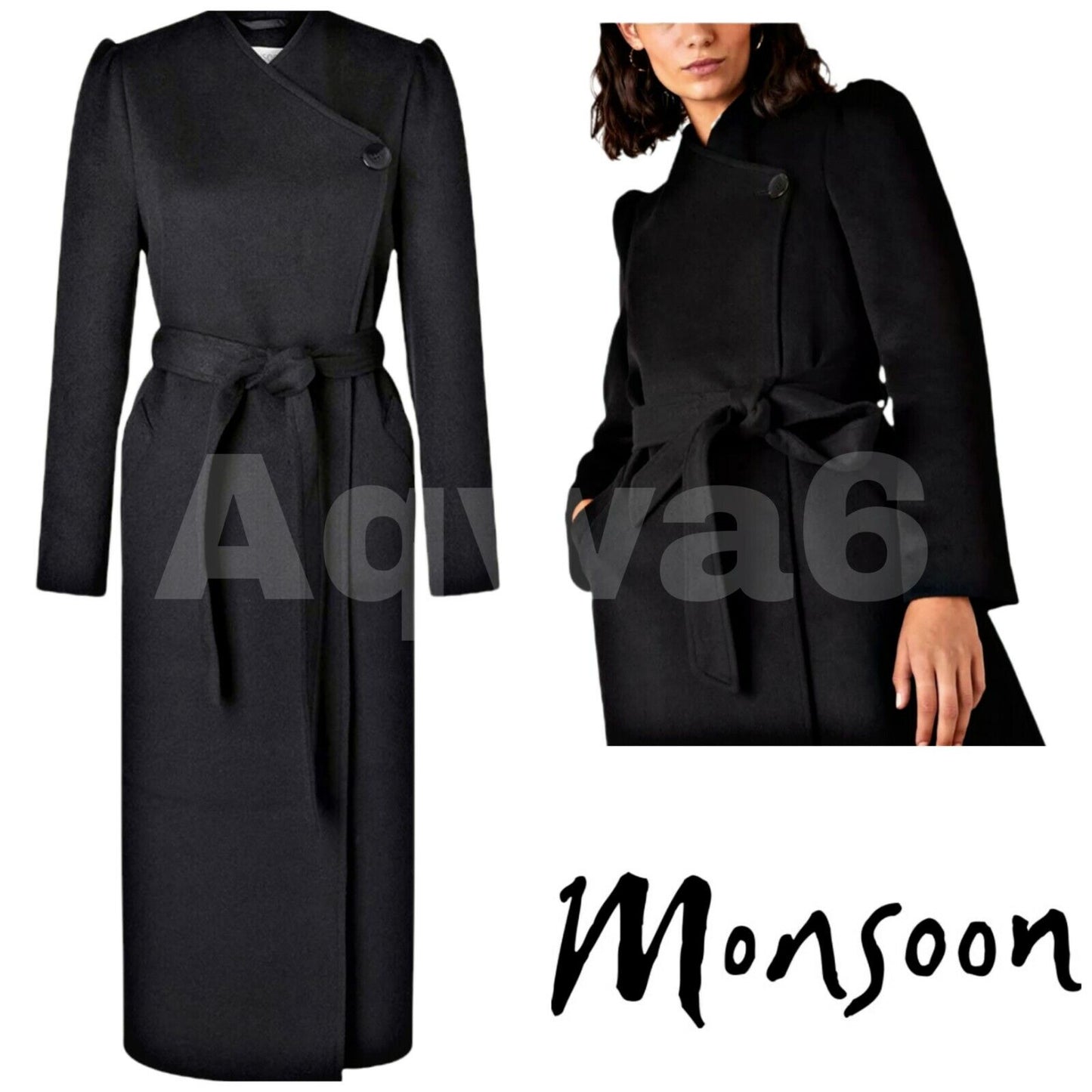 NEW Monsoon Black Military Maxine Long Coat  with Wrap belt UK  Size 16