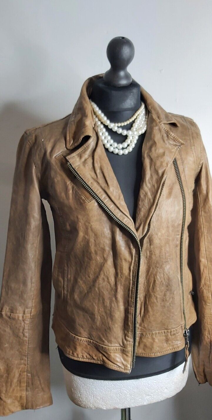 Ladies All Saints Spitafields  Tan Brown leather Biker Jacket UK 6 US 2 EU34