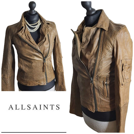 Ladies All Saints Spitafields  Tan Brown leather Biker Jacket UK 6 US 2 EU34