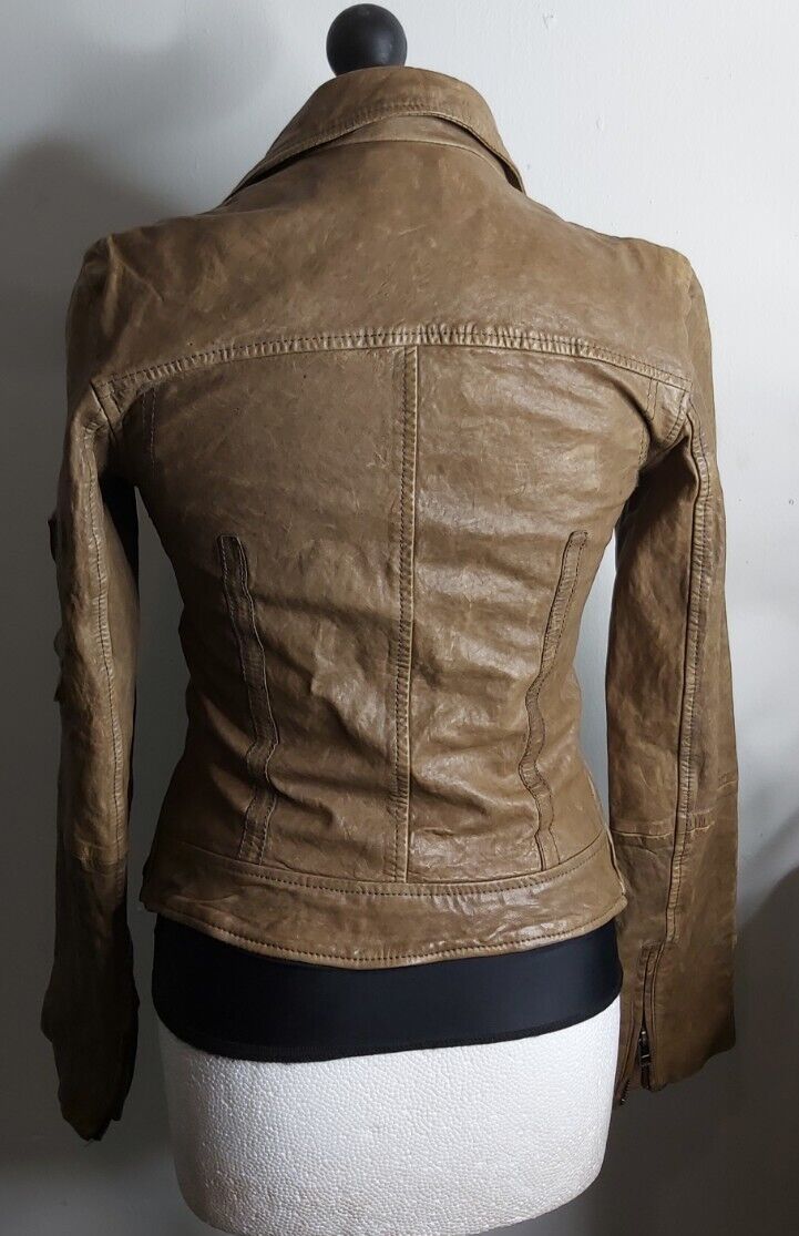 Ladies All Saints Spitafields  Tan Brown leather Biker Jacket UK 6 US 2 EU34