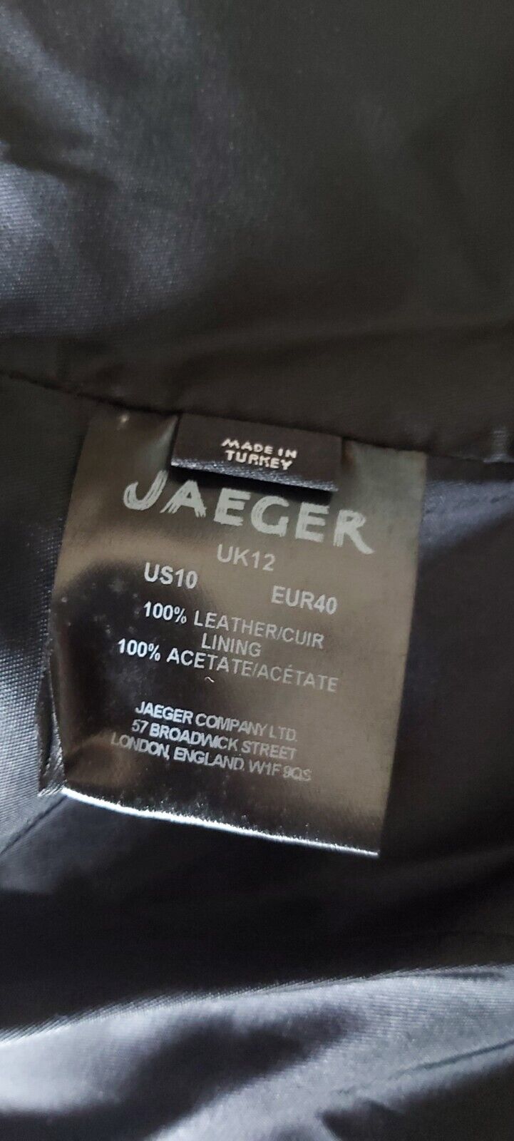 Jaeger 100% Leather Soft Black Leather Jacket UK 12