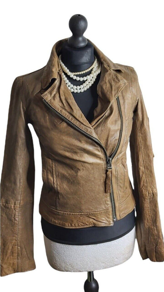 Ladies All Saints Spitafields  Tan Brown leather Biker Jacket UK 6 US 2 EU34