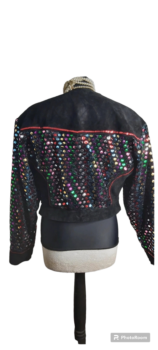 Ladies Vintage Prestige Sequin Black Suede leather jacket size 8