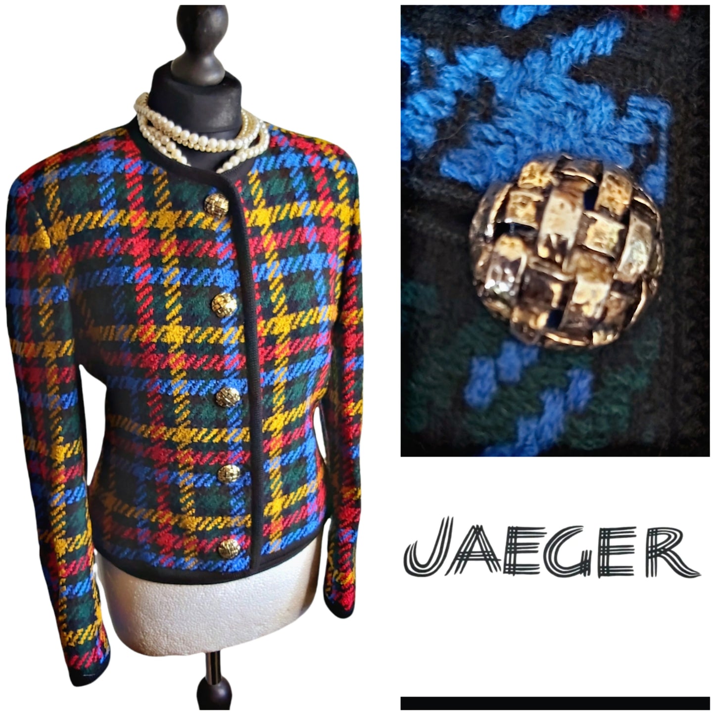 Ladies JAEGER  Check Multi Wool Tweed Jacket Blazer UK Size 10.