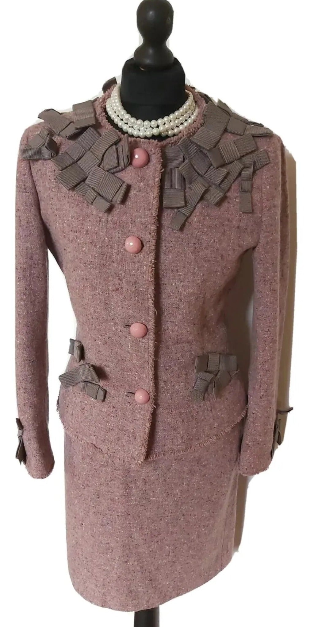 Ladies Moschino 100% Wool  Tweed pink Liliac purple tweed Suit UK Size 12