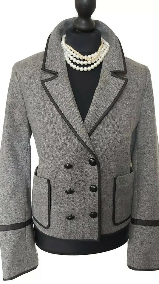 Whistles 100% Leather Wool Grey Tweed Jacket UK Size 12.