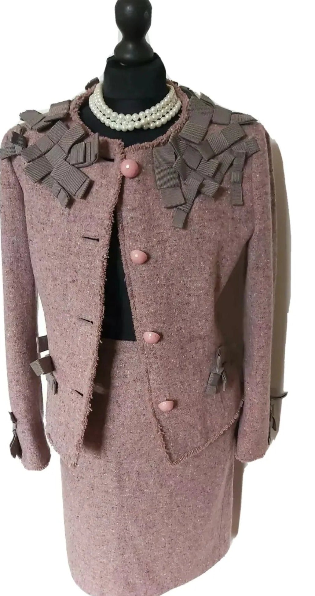 Ladies Moschino 100% Wool  Tweed pink Liliac purple tweed Suit UK Size 12