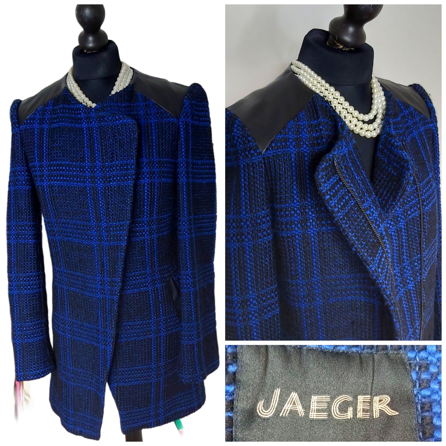 JAEGER 100% Leather Coat Jacket Wool blue Double breasted size 12.