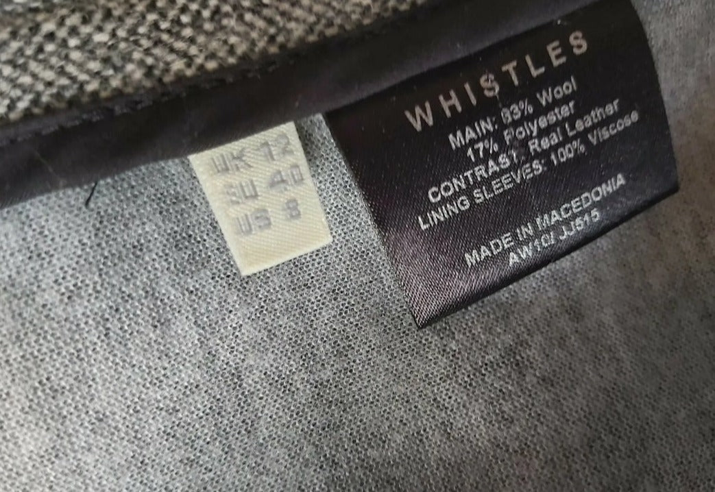 Whistles 100% Leather Wool Grey Tweed Jacket UK Size 12.