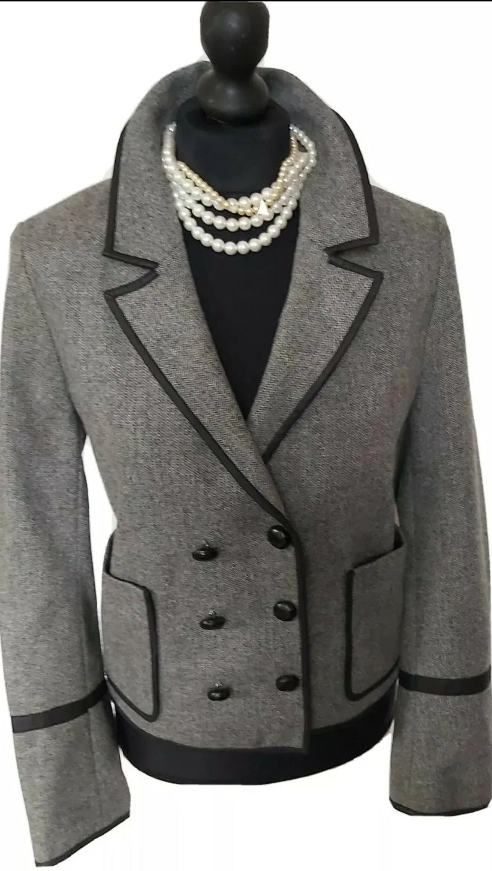 Whistles 100% Leather Wool Grey Tweed Jacket UK Size 12.