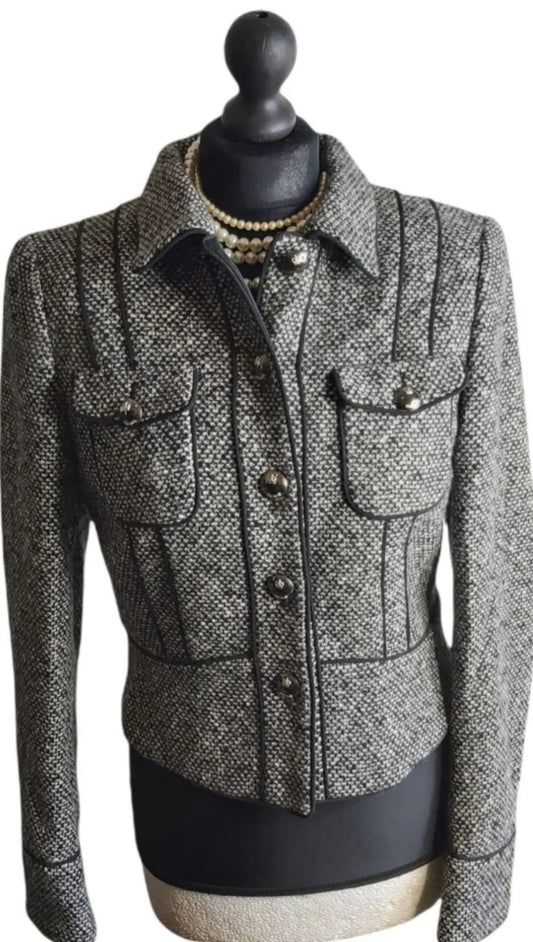 Ladies Escada Tweed Wool   Grey Black Jacket  UK Size 8