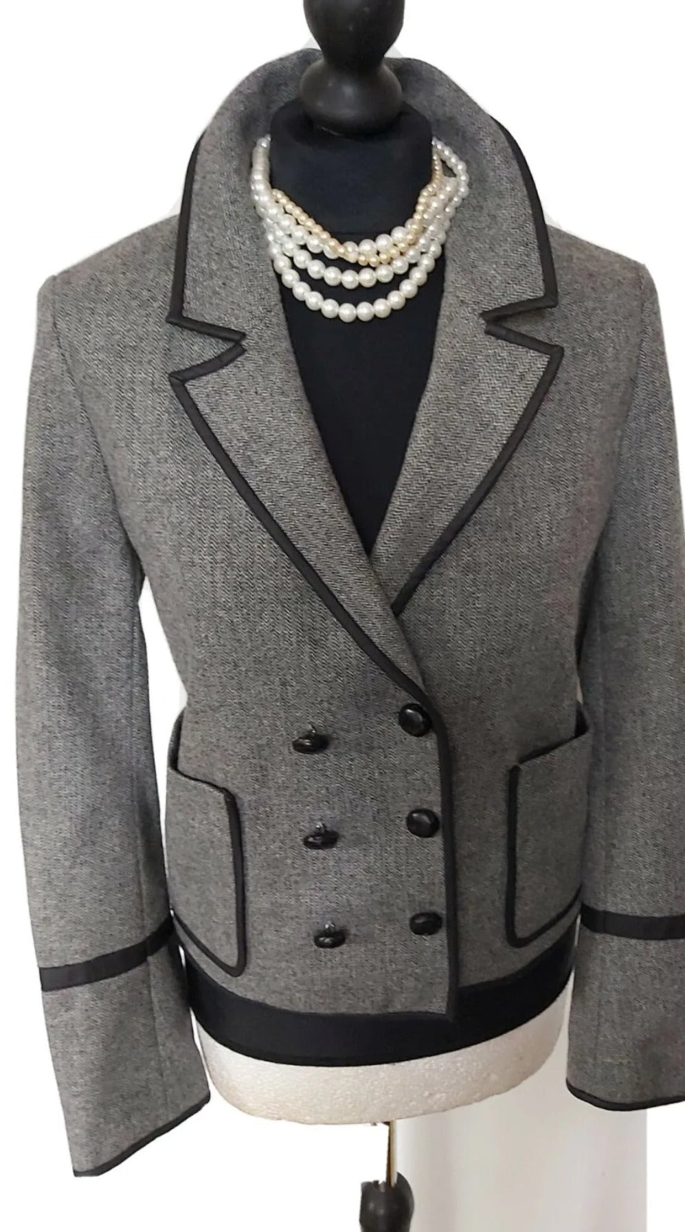 Whistles 100% Leather Wool Grey Tweed Jacket UK Size 12.