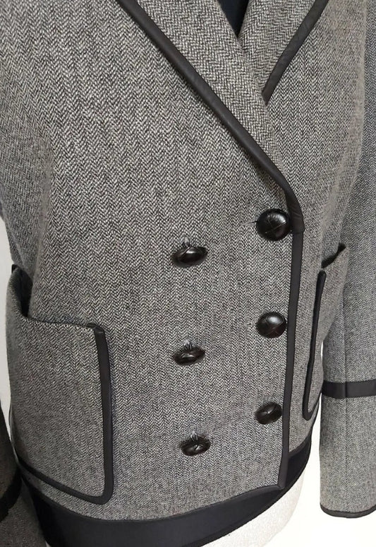 Whistles 100% Leather Wool Grey Tweed Jacket UK Size 12.