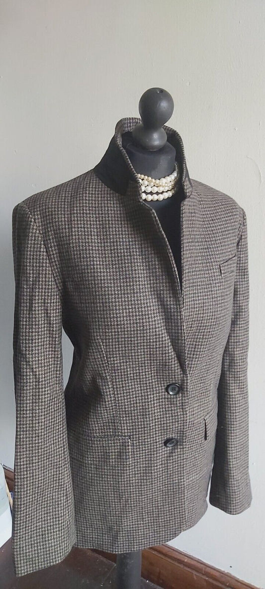 ZARA Brown Women's  Wool Tweed Elbow Patch Hacking Blazer Jacket M Medium