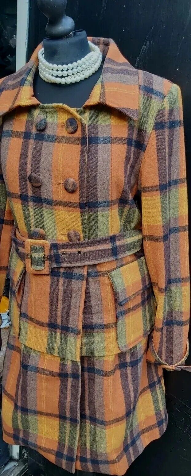 Ladies VINTAGE Lee Copper 100% Double Breasted WOOL Check Belt COAT JACKET UK 12