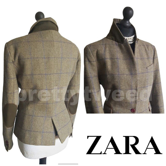 ZARA Women's 100% Wool Tweed Elbow Patches Hacking Blazer Jacket XL