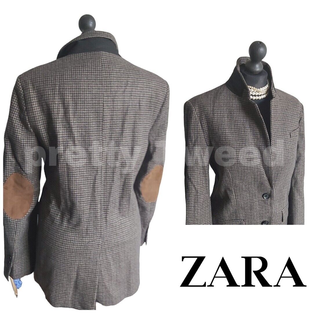 ZARA Brown Women's  Wool Tweed Elbow Patch Hacking Blazer Jacket M Medium