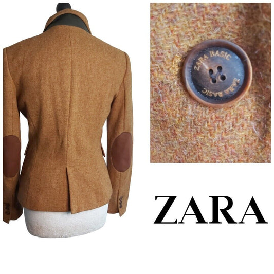 Womens Zara 100% Wool Tweed Jacket Elbow Patches Blazer UK Size S