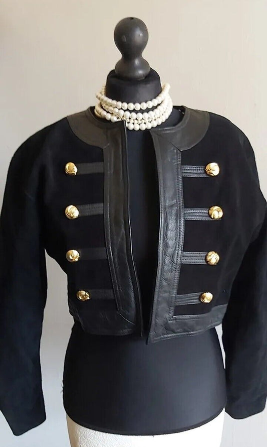 Vintage Ladies' Leather Suede Rare  Military  Cropped  Black Jacket UK Size S