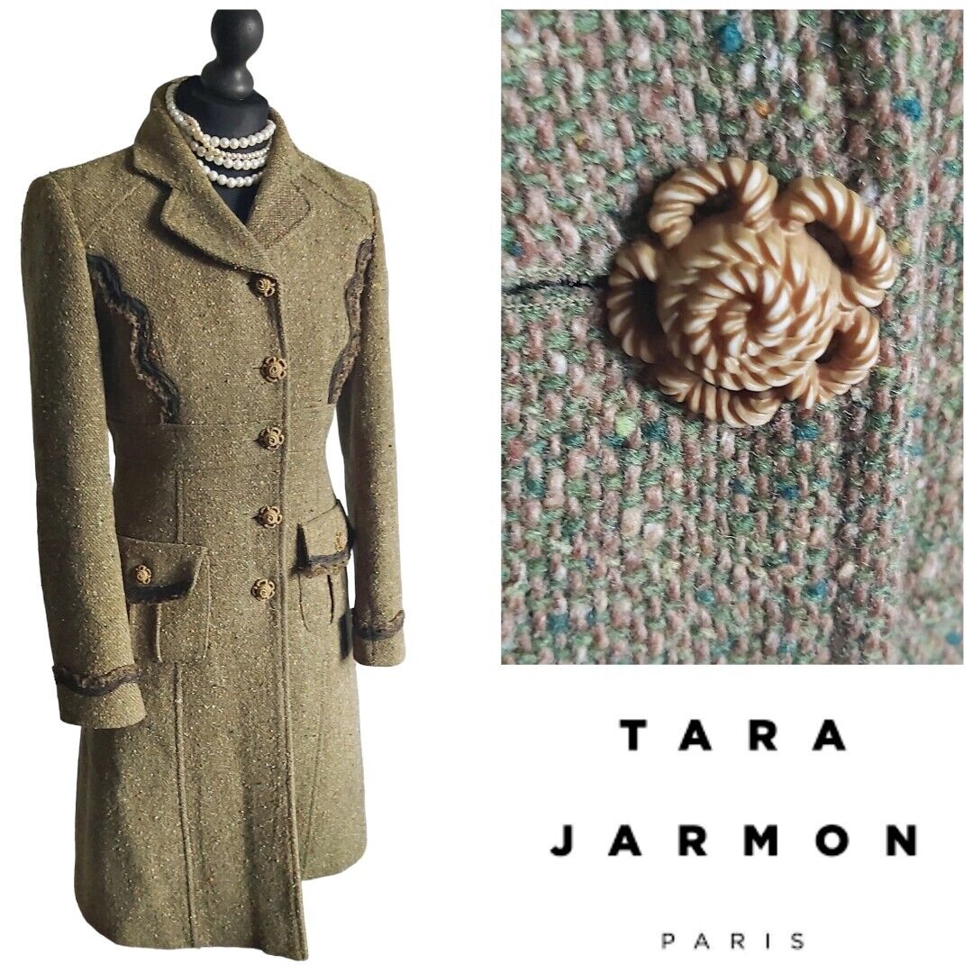 Tara Jarmon Green Wool Tweed Silk Tweed  Classic Long Coat 10