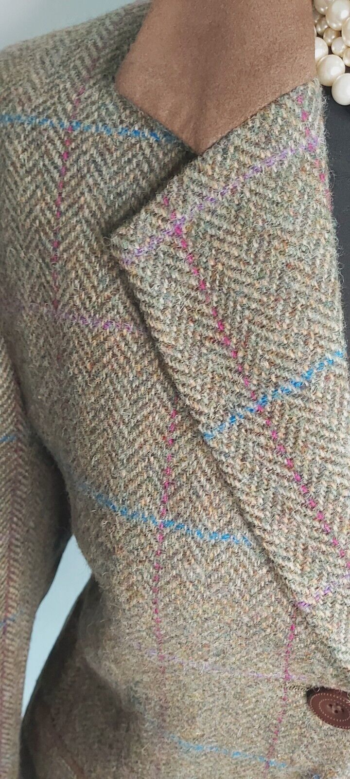 Ladies  Harris Tweed 100% Wool Khaki Jacket Elbow Patches UK Size 12