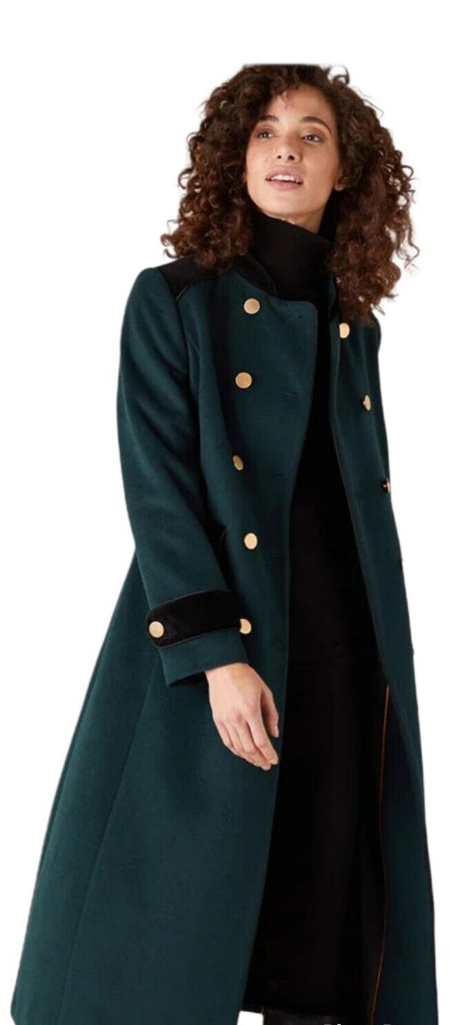 NEW TAGS Monsoon Maddie  Green  Military Long Wool Coat UK 10