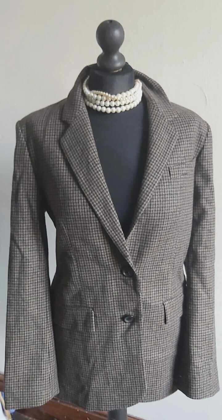 ZARA Brown Women's  Wool Tweed Elbow Patch Hacking Blazer Jacket M Medium