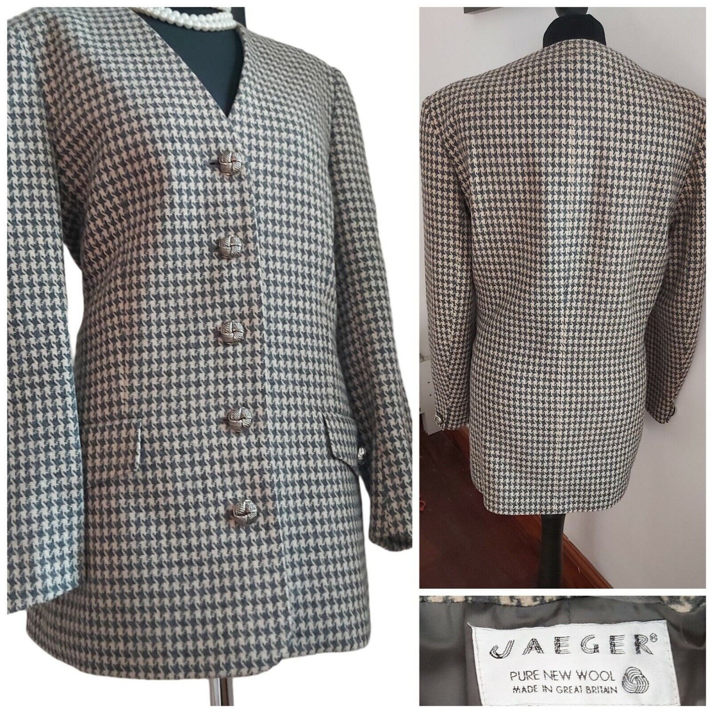 Ladies Jaeger 100% wool Houndstooth checked Tweed Jacket Coat UK Size 14