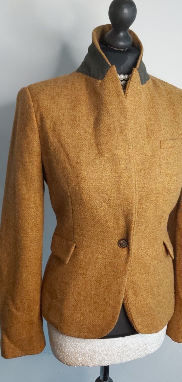 Womens Zara 100% Wool Tweed Jacket Elbow Patches Blazer UK Size S