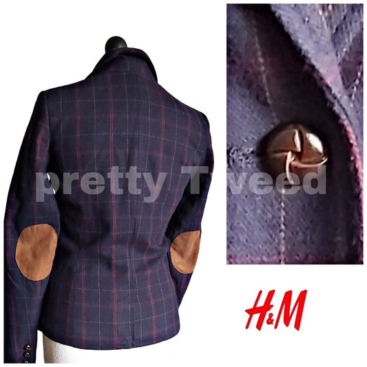 Ladies H&M Tweed Check Navy Jacket With Elbow Patches Size 8