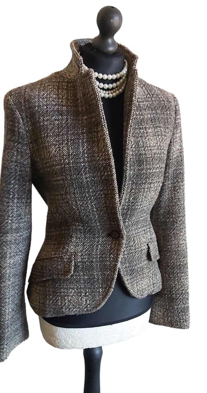 Zara Tweed Jacket Womens  Brown Wool Country Hacking Blazer Size S