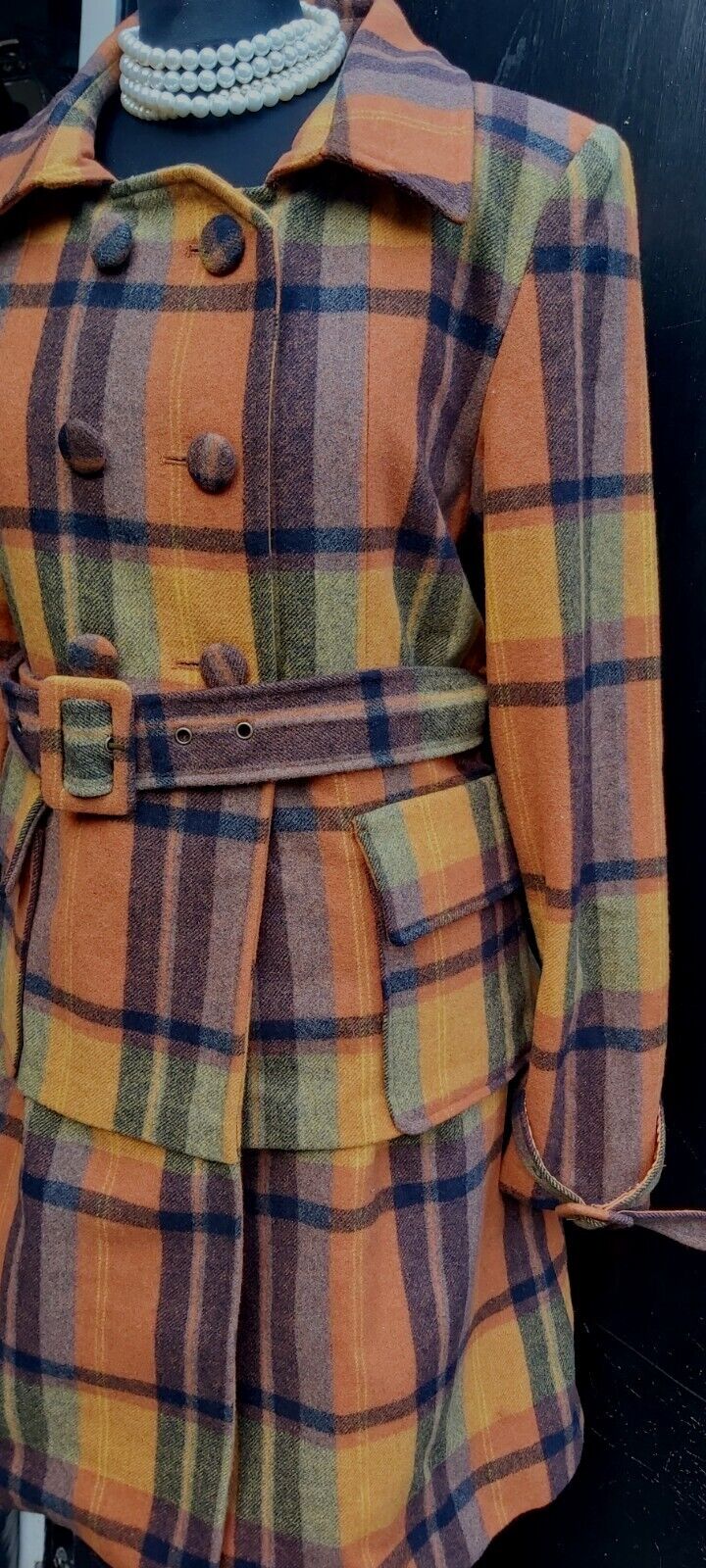 Ladies VINTAGE Lee Copper 100% Double Breasted WOOL Check Belt COAT JACKET UK 12