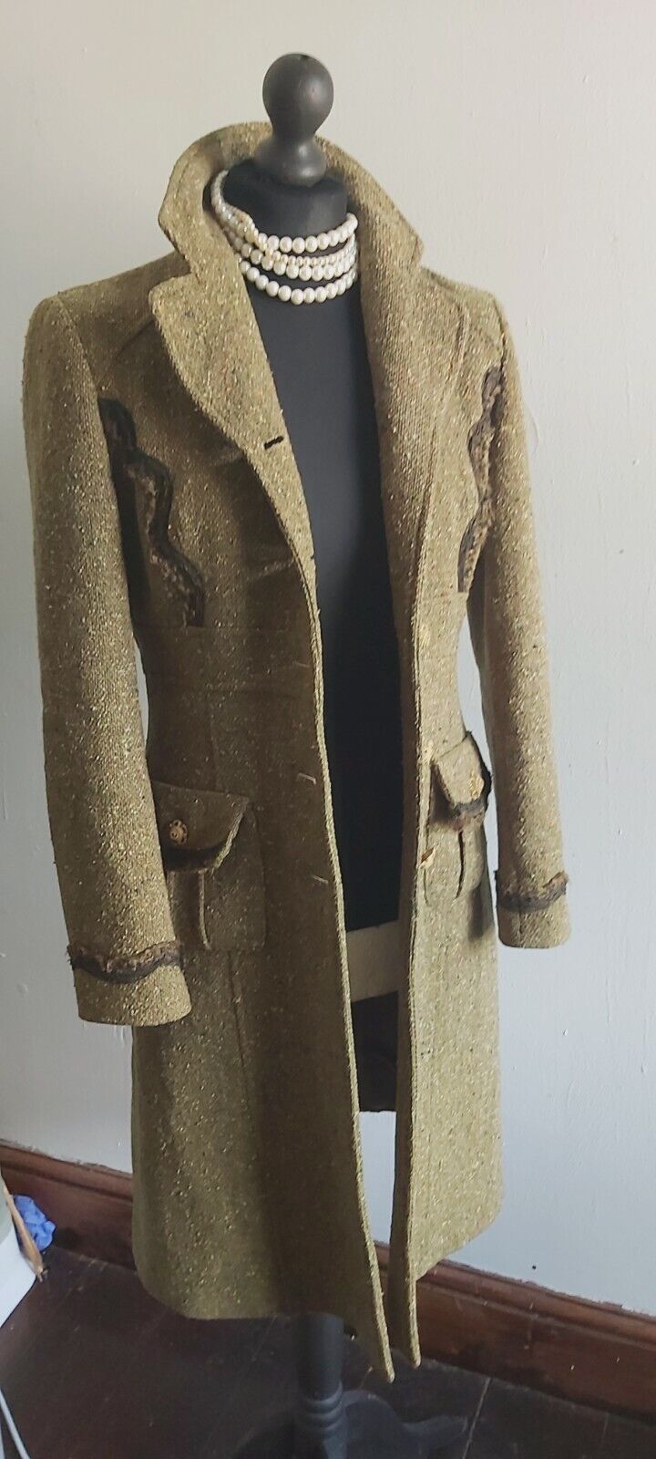 Tara Jarmon Green Wool Tweed Silk Tweed  Classic Long Coat 10