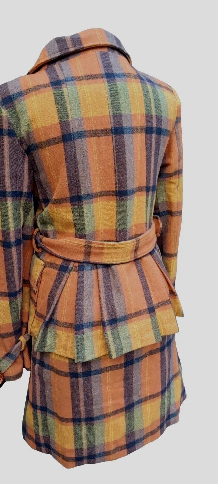 Ladies VINTAGE Lee Copper 100% Double Breasted WOOL Check Belt COAT JACKET UK 12