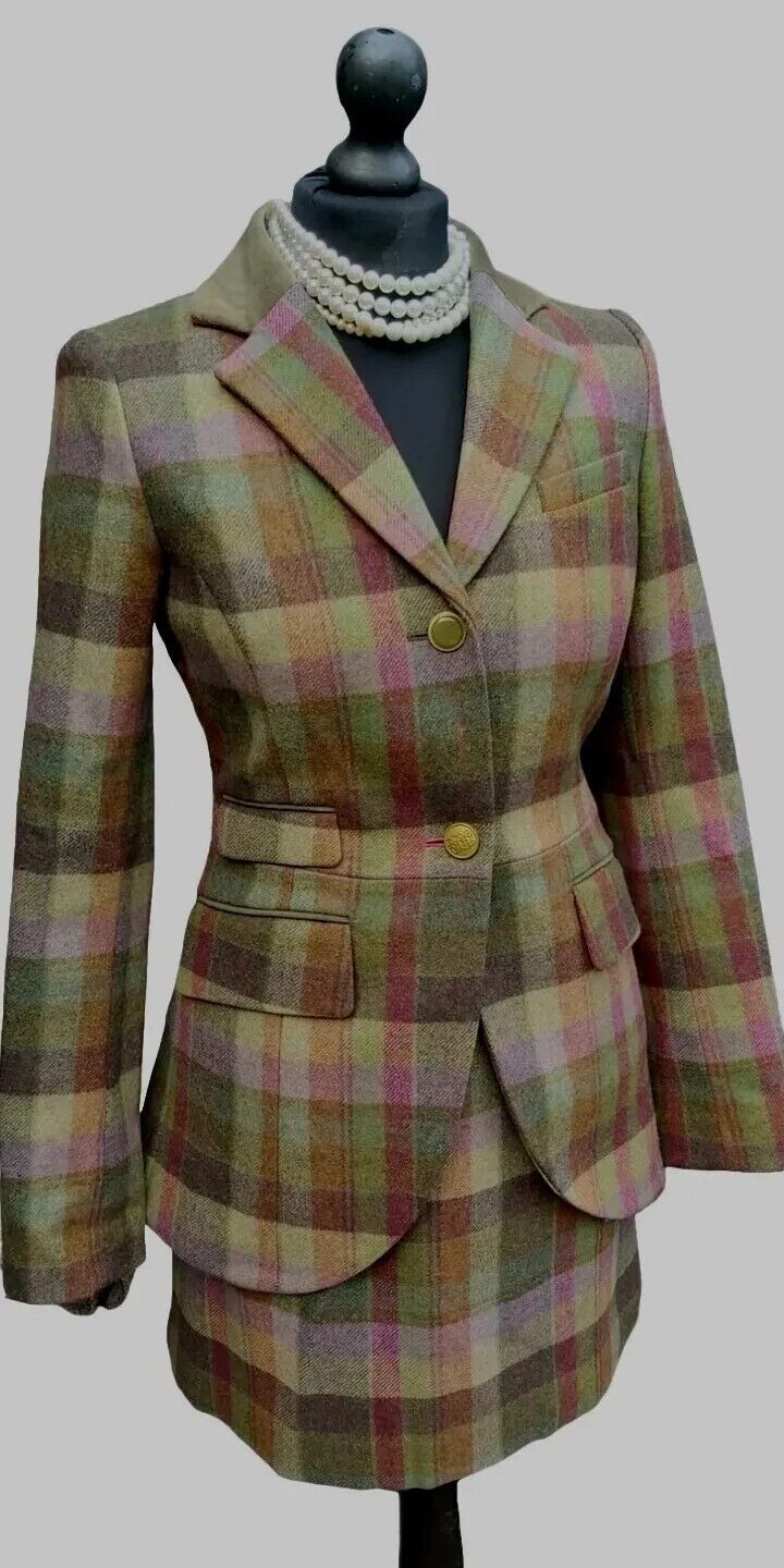 Joules Womens Green Tweed Wool  Blazer Skirt Suit Jacket Size 8