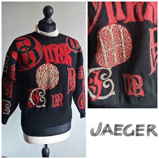 Ladies Jeager Red Black Wool Blend ream knitted patterned Jumper Size S/M