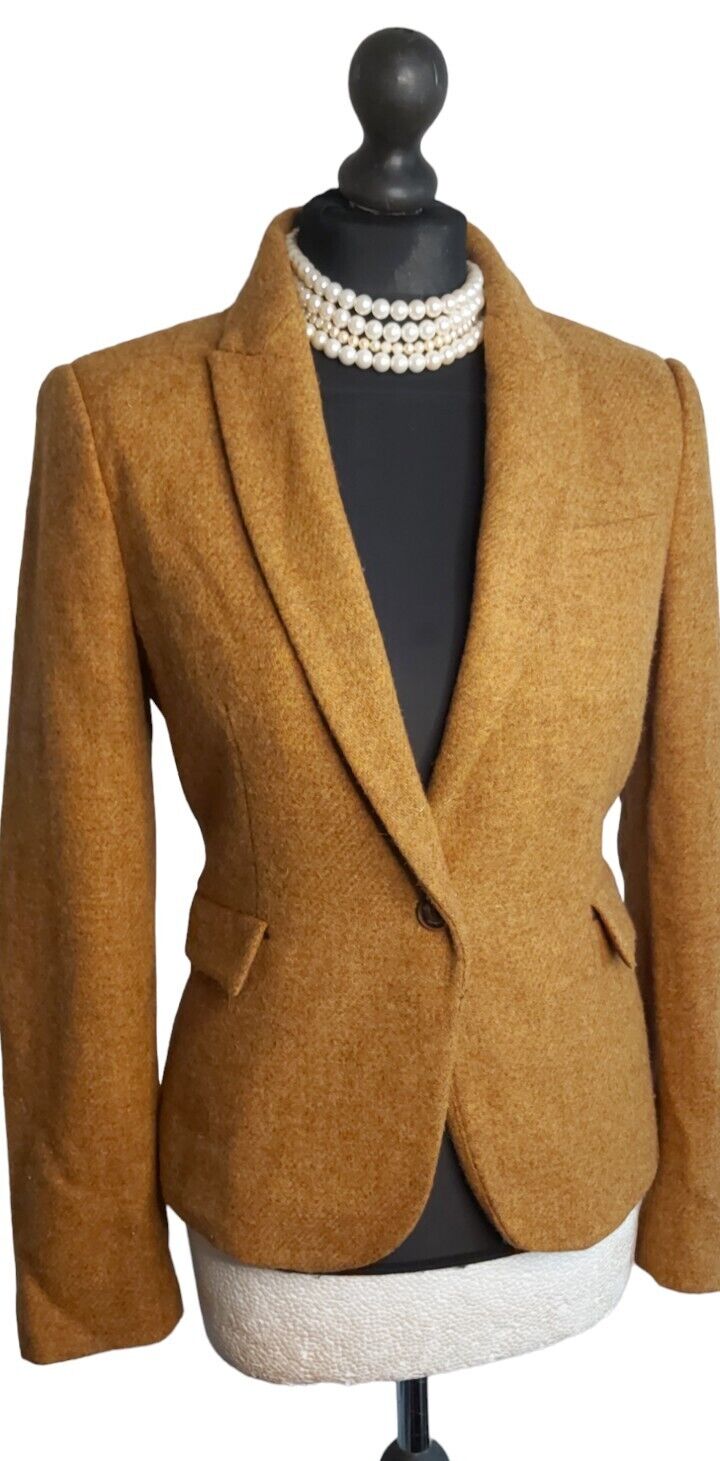 Womens Zara 100% Wool Tweed Jacket Elbow Patches Blazer UK Size S