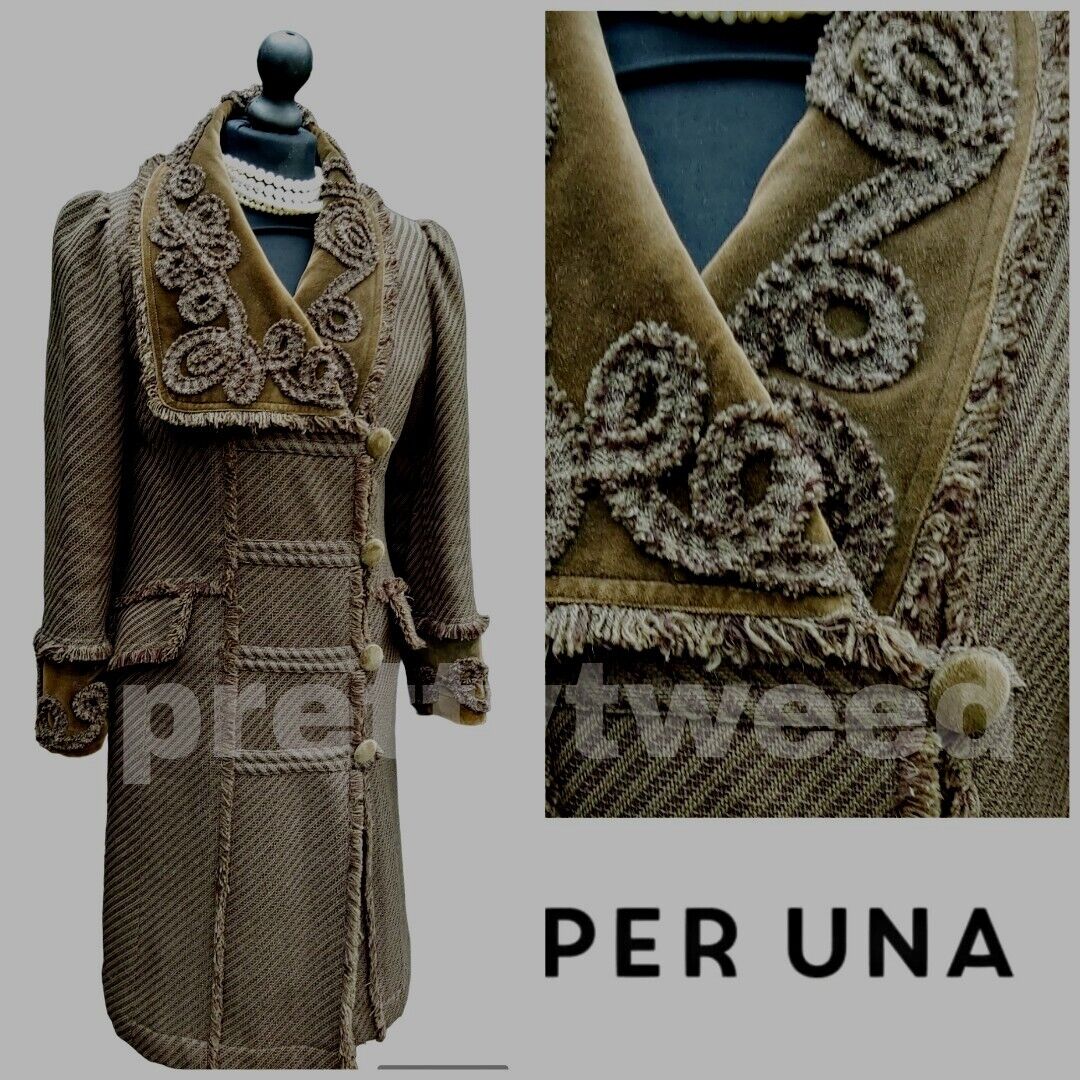 Ladies Per Una M&S Khaki  Wool Boucle Long coat Evening Size 10