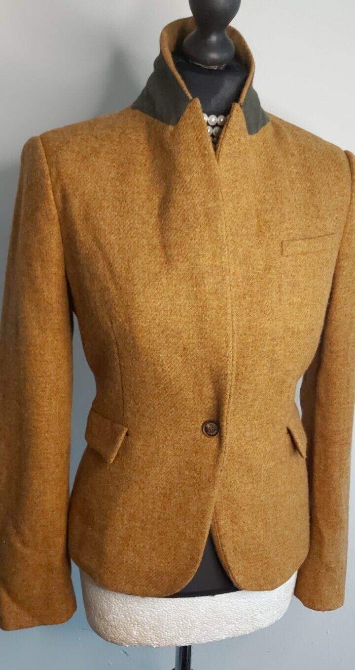 Womens Zara 100% Wool Tweed Jacket Elbow Patches Blazer UK Size S