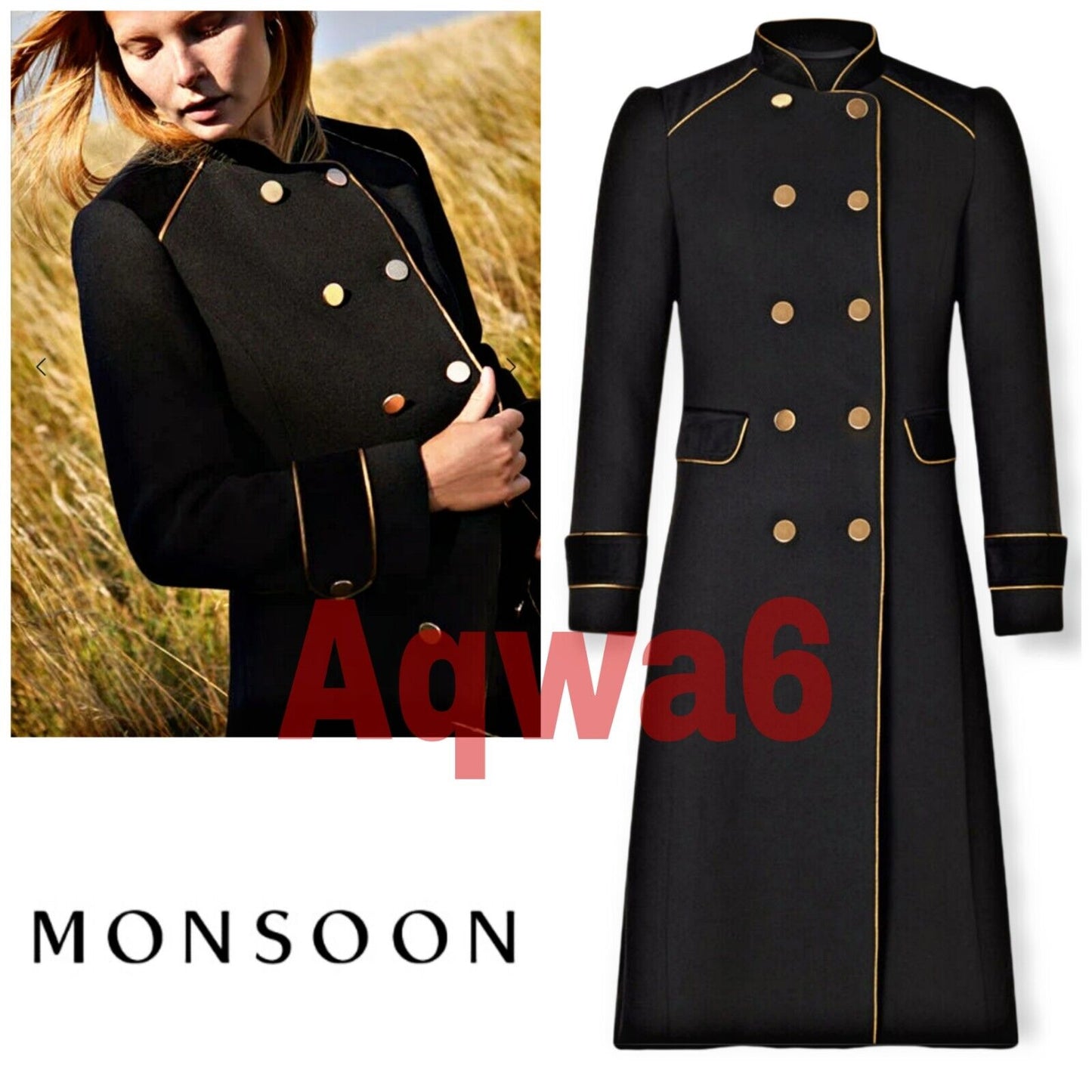 Monsoon  Maddie Black Military Double Breasted Long Wool Blend Coat UK 13