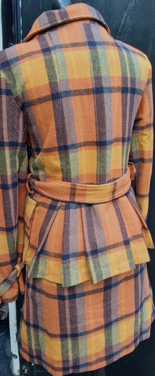 Ladies VINTAGE Lee Copper 100% Double Breasted WOOL Check Belt COAT JACKET UK 12