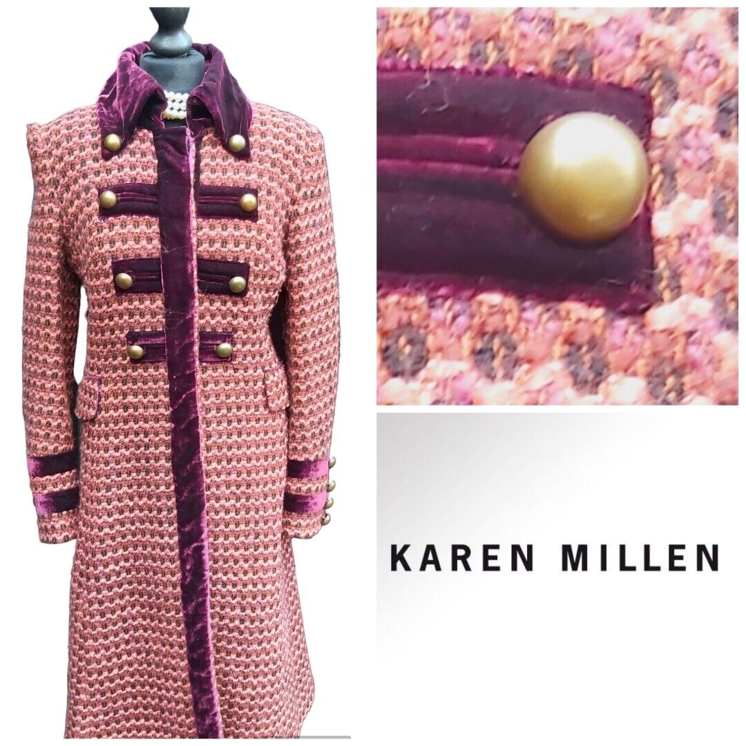 Stunning Karen Military  Tweed Check Wool Boucle Long Coat UK Size 10