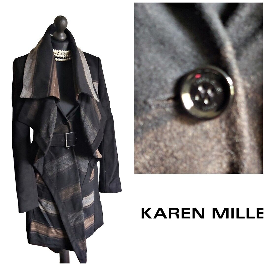 Karen Millen Wool Cashmere Black Long Coat With Belt Size 10