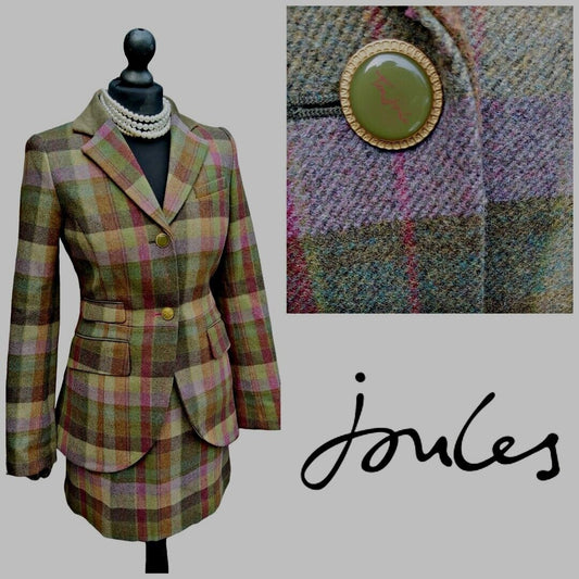 Joules Womens Green Tweed Wool  Blazer Skirt Suit Jacket Size 8