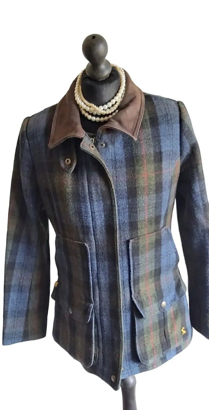 Joules Ladies Jacket Field Coat UK 12 Blue Check Wool  VGC