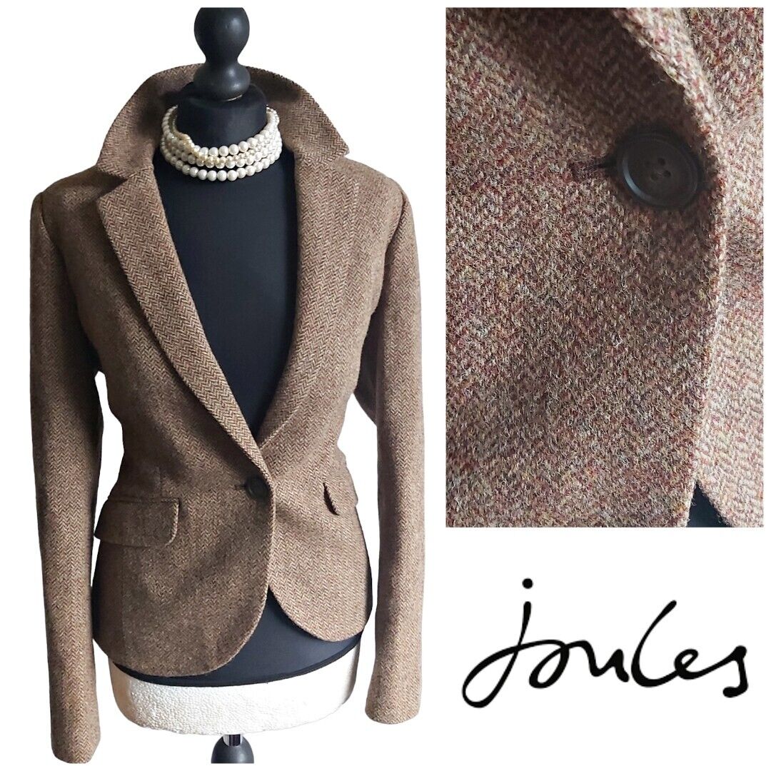 JOULES Ladies  100% WOOL Brown Tweed Herringbone  Jacket Blazer Size 12 VGC