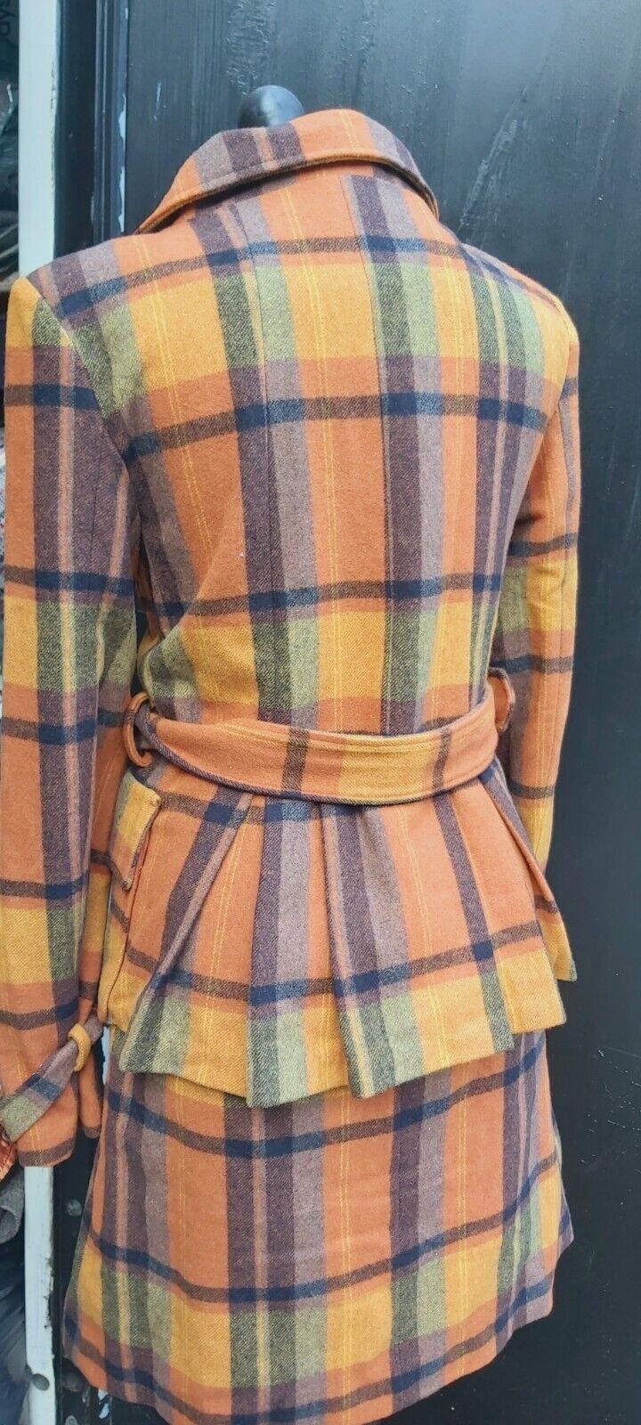 Ladies VINTAGE Lee Copper 100% Double Breasted WOOL Check Belt COAT JACKET UK 12