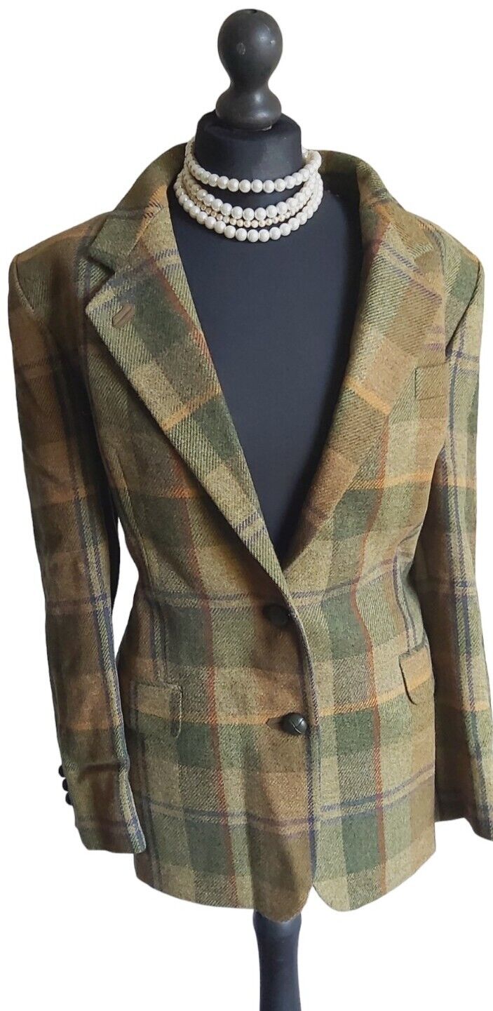 Ladies  DAKS 100% wool Fitted Khaki Check Tweed  jacket blazer  size 16