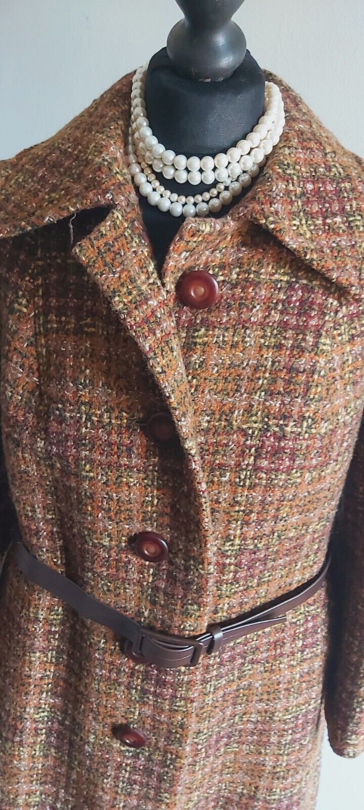 Vintage Womens Tweed Wool Long Coat With Belt UK Size 10